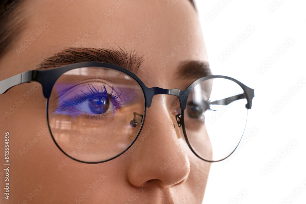 Sticker woman wearing glasses on blurred background, closeup