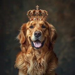 A Golden Retriever with a crown, sitting royally, suitable for luxury pet product ads or royal-themed promotions