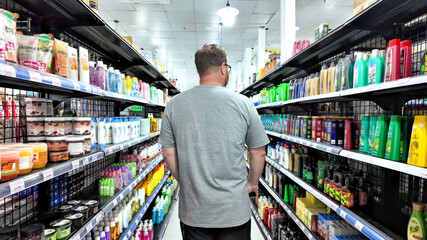 Adult shopper analyzing a variety of body care products on shelves at a supermarket, depicting...