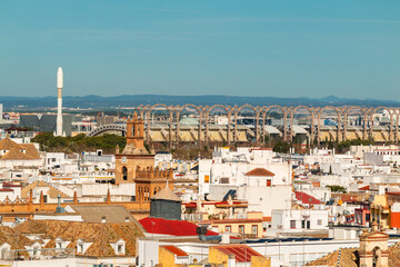 Seville cityscape with Expo 92 Pavilion of the Future and replica of the Ariane Four space launch...