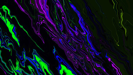 Bright fluid purple black yellow blue neon green texture background. Abstract liquid neon light wavy line. Art trippy digital glitch backdrop. Banner. Card. tech. NFT pattern. Rock. Marble texture.