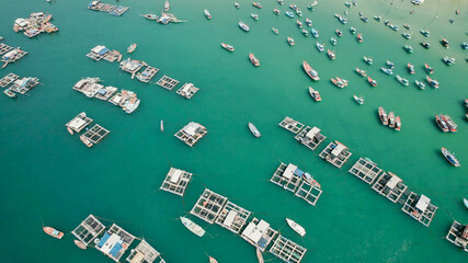 Top view to the fish and oyster farm in Vietnam, tropical ocean