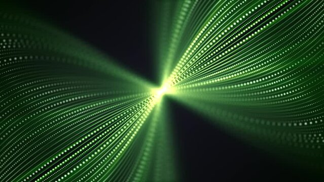 Looped green background with digital patterns of dotted lines in a shape of elegant futuristic structure with soft glow effect. Data stream, binary code and sound wave visualization. VJ loop, 4k 60fps