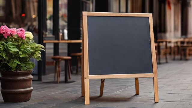 Signboard on the street. Empty menu board stand. Restaurant sidewalk chalkboard sign board. Freestanding A-frame blackboard 