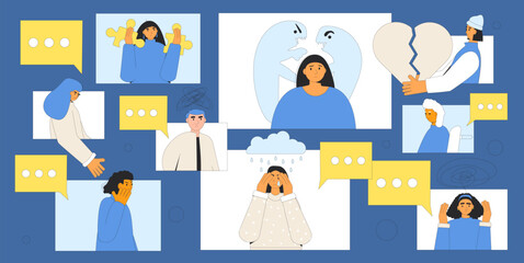 Neurodiversity concept. Mental disorder characters. Community group for support each others. Autism, adhd, PTSD and stressed tired people. Vector outline illustration.