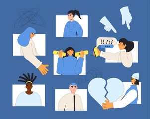 Mental illness at team work characters. Support group community for people with mental disorder. Online course of therapy for help each others. Vector flat concept illustration.