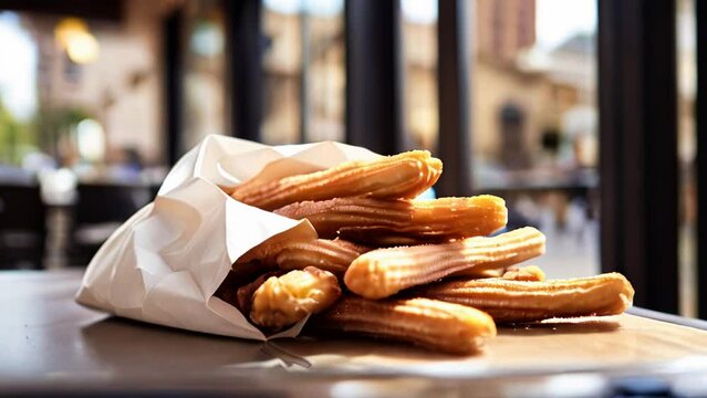 Fresh sugar churros in a paper bag on the table in an outdoor cafe. Street food. Summer, outdoor cafes and churros	