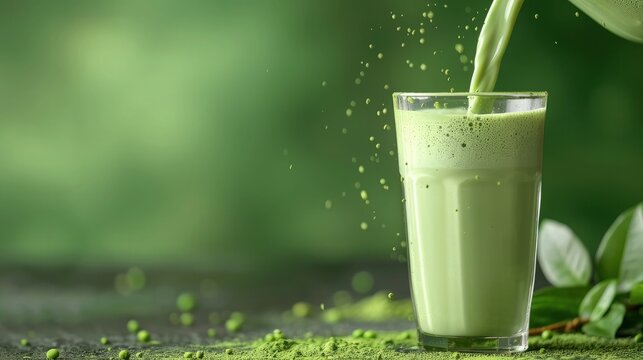 Green matcha latte being poured into a glass, brimming with antioxidant goodness and creamy frothiness