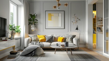 Contemporary Living Room with Yellow Accents, Ideal for Bright and Airy Modern Homes