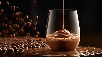 Smooth caramel sauce elegantly drizzling into a glass, set against a backdrop of rich chocolate...