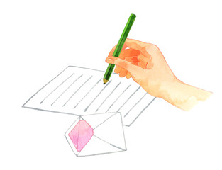 鉛筆で手紙を書く手　人の手の手描き水彩イラスト素材