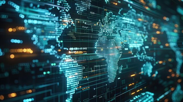 Some kind of computer program code running across the screen and superimposed on a world map. Generative AI.