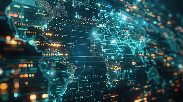 Some kind of computer program code running across the screen and superimposed on a world map. Generative AI.