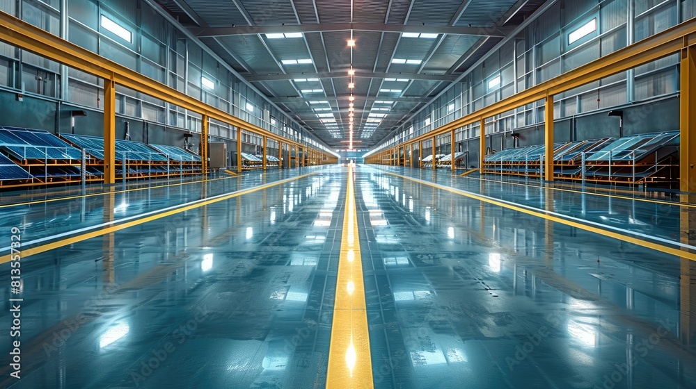 Poster Solar panels and energy-efficient automation technology highlight the environmental attributes of this eco-friendly warehouse powered by renewable energy. Generative AI.