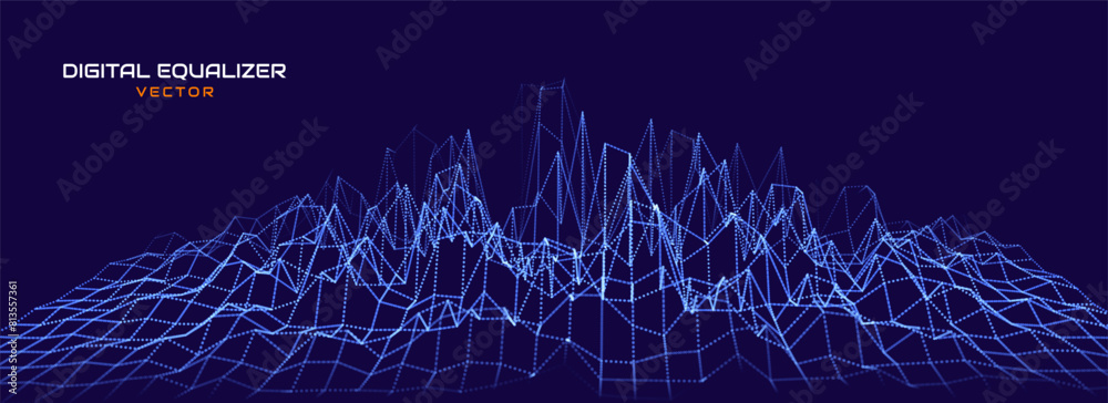 Poster Sound Wave Particles. Music Data Visualization. Dynamic Circles Dots Particles Ultrawide Party Background. Vector Illustration. Digital Sound Equalizer.