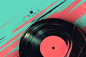 Obraz premium vinyl record with dynamic splatters and streaks on a turquoise background.