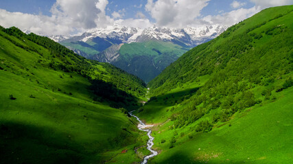 Breathtaking view of a verdant mountain valley with a winding river and snow-capped peaks, ideal for Earth Day and nature travel concepts