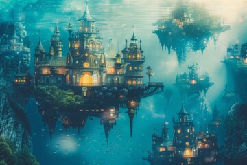 Fototapeta premium A surreal underwater world with floating cities and majestic sea creatures, exploring the depths of imagination