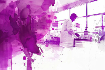 A man in a lab coat standing amidst vibrant purple paint splashes, showcasing his work and creativity in a laboratory setting