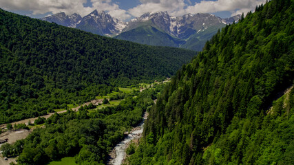 Lush green mountain slopes lead to snow-capped peaks under a clear sky, ideal for Earth Day and...