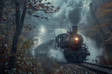 A vintage-inspired steam locomotive chugging through a misty forest