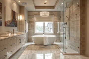 Bathroom with bathtub, window, wood flooring, and rectangular fixture