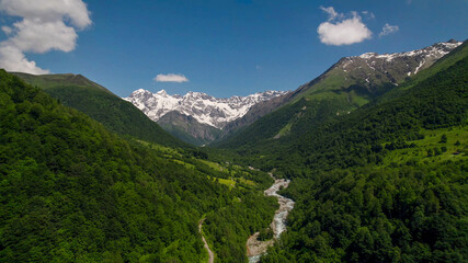 Fototapeta premium Lush green mountain slopes lead to snow-capped peaks under a clear sky, ideal for Earth Day and International Mountain Day themes