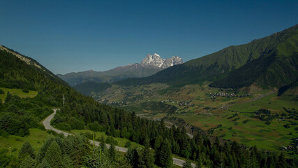 Obraz premium Breathtaking panoramic view of vibrant green meadows leading to snow-capped peaks under a blue sky, ideal for nature and travel themes, Earth Day promotions