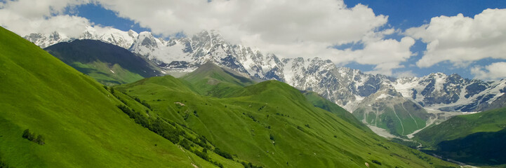 Breathtaking panoramic view of vibrant green meadows leading to snow-capped peaks under a blue sky, ideal for nature and travel themes, Earth Day promotions