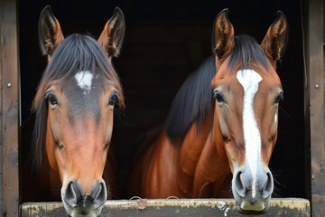 Obraz premium Beautiful horses with flowing manes framed by the openings of their stable doors