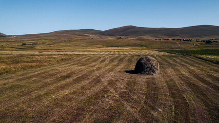 Rural landscape with round hay bales on a harvested field during autumn, related to agriculture and...