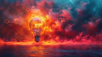Stunning Visual Representation of Creative Thinking and Innovation With a Glowing Lightbulb in a Colorful, Dynamic Environment