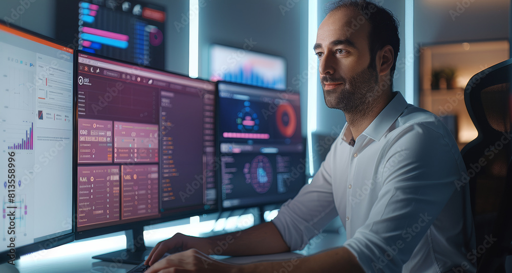 Aufkleber A man is standing at his workstation typing on desktop PC with a monitor in background with large interactive screens displaying apps in a flowchart in the screens, in a modern office. Generative AI.