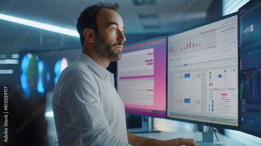 Poster A man is standing at his workstation typing on desktop PC with a monitor in background with large interactive screens displaying apps in a flowchart in the screens, in a modern office. Generative AI.