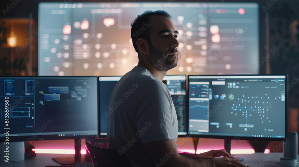 Aufkleber A man is standing at his workstation typing on desktop PC with a monitor in background with large interactive screens displaying apps in a flowchart in the screens, in a modern office. Generative AI.