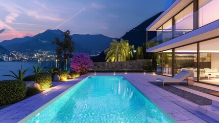 Fototapeta premium Illuminated Modern Luxury Swimming Pool and Landscaping with Mountain View