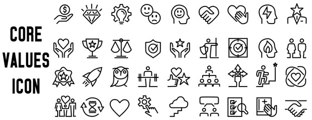 Core values line icons. Integrity, Empathy and Strategy. Vision, Social Responsibility, Commitment, Environmentalism icons. Personal Growth, Innovation, Family, Problem Solving. Full Vector