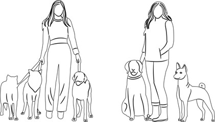 women with dogs sketch on white background vector