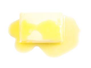 Piece of melting butter on white background, top view