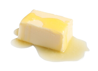 Piece of melting butter on white background