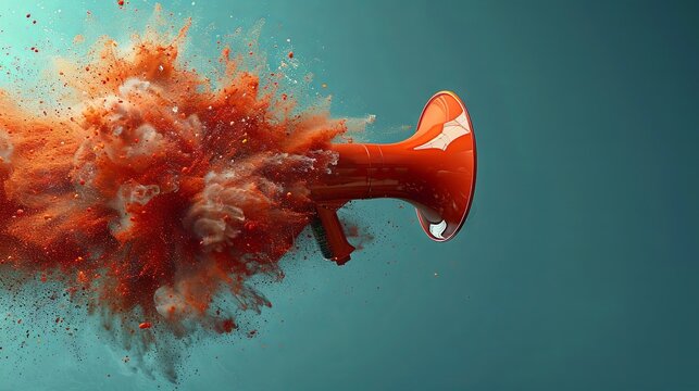 Explosive Announcement Concept: Megaphone with Dynamic Color Burst on Teal Background