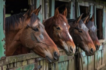 Fototapeta premium Horses gazing out from their stalls at the sight of approaching visitors, displaying curiosity and interest