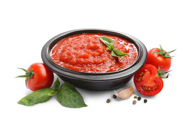 Homemade tomato sauce in bowl and fresh ingredients isolated on white