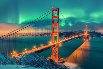 A bridge over a body of water with a glowing green aurora in the background