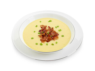 Tasty potato soup with bacon and green onion in bowl isolated on white