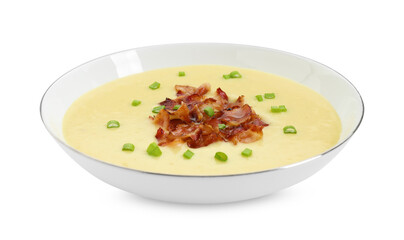 Tasty potato soup with bacon and green onion in bowl isolated on white