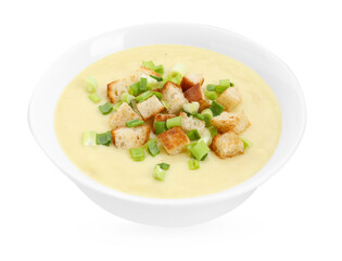 Tasty potato soup with croutons and green onion in bowl isolated on white