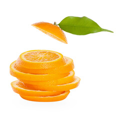 Slices of juicy orange and leaf isolated on white