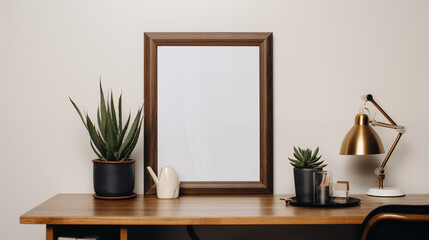 Cadre décoratif, mock up au dessus d'un bureau. Intérieur, décoration, contour bois. Mock-up, créatif. Pour conception et création graphique.