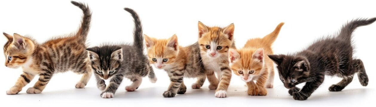 A group of Oriental  kittens of different breeds and colors walk in a row against a white background.